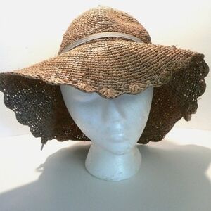 Liz Claiborne Floppy Sun Hat with Ribbon and Wooden Bead Raffia Crochet Straw